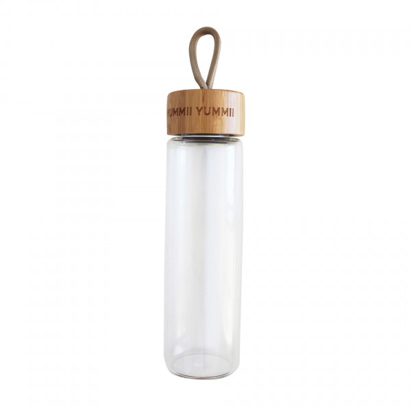 Trinkflasche aus Glas 600ml mit Bambusdeckel und Handschlaufe